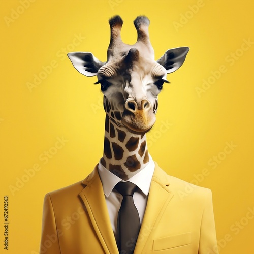 AI generated Giraffe wearing a formal suit and tie on yellow background © Wirestock
