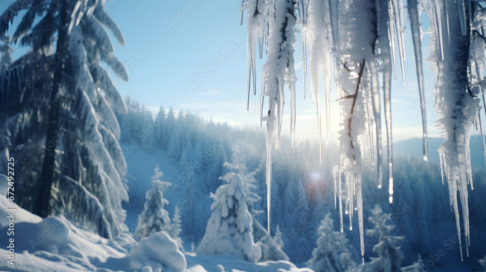 Snow-covered alpine landscape, a winter wonderland where sparkling icicles hang from evergreen branches. Generative Ai.NO.04 - obrazy, fototapety, plakaty 