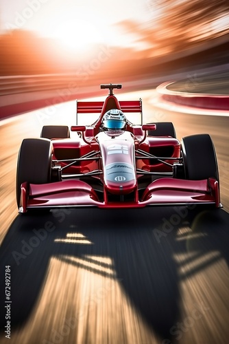 3D rendering of a formula race car on the track at sunset