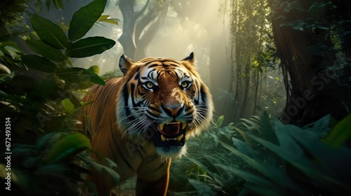 a tiger running through the jungle while looking straight ahead at the camera