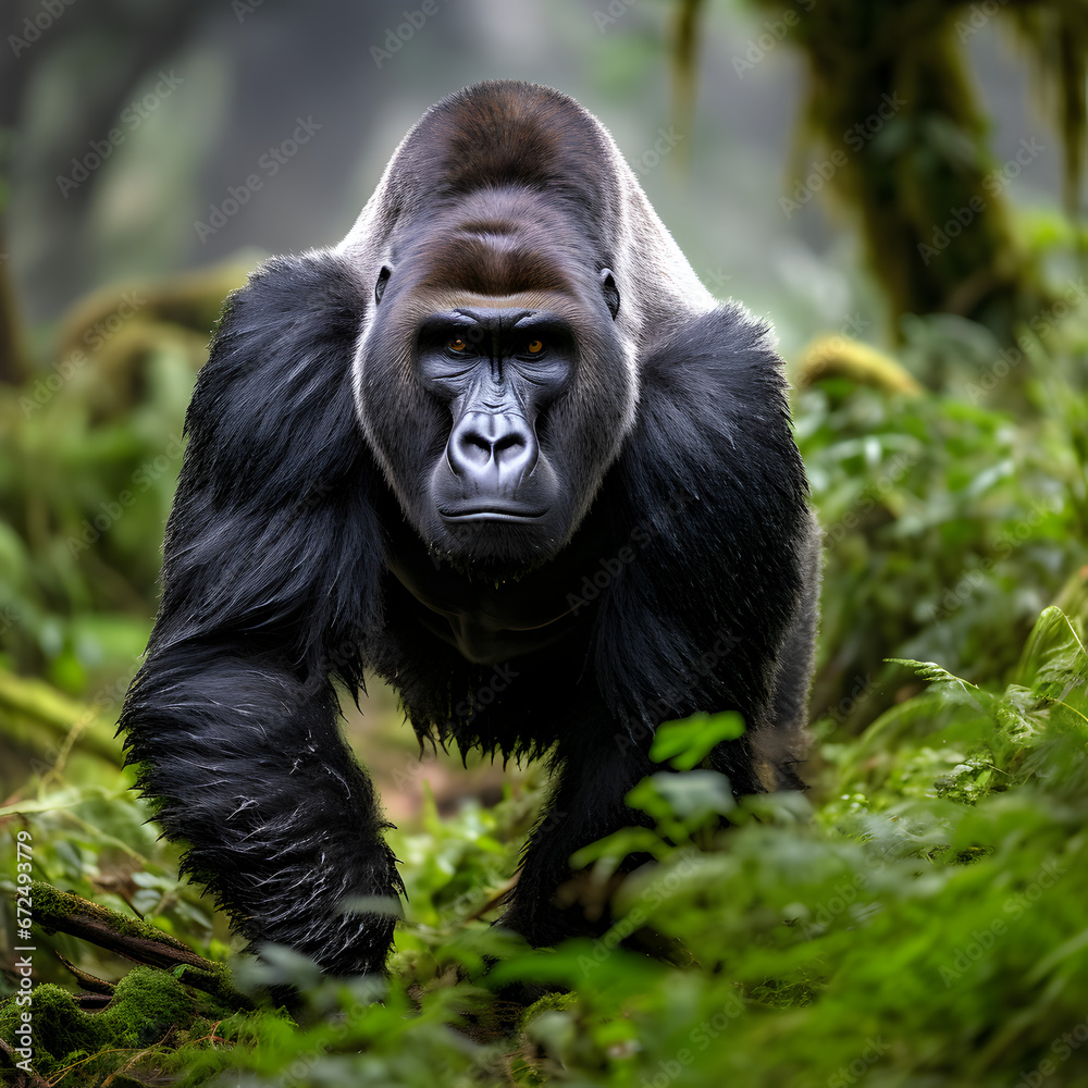 A Silverback gorilla looking at the camera. 