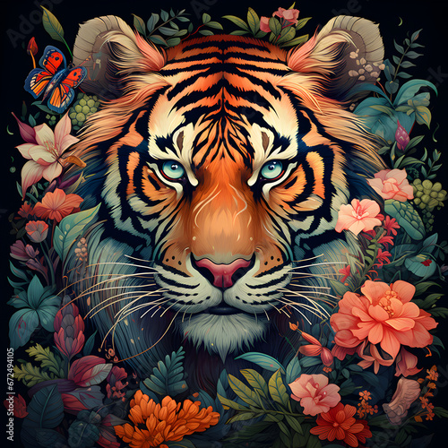 Tiger surrounded by flowers. Generative ai. 