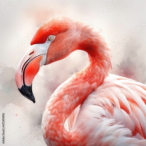 AI-generated illustration of a watercolor painting of a pink flamingo.