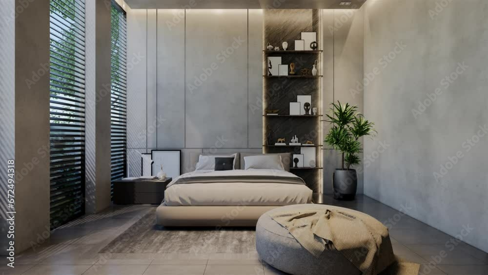 3D Animation modern bedroom, interior design contemporary with natural tones on the room, walls, floor and ceiling. 3D rendering illustration