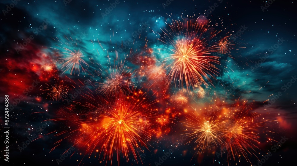 Below Shot Wonderful Vivid Fireworks Exploding ,Bright Background, Background Hd