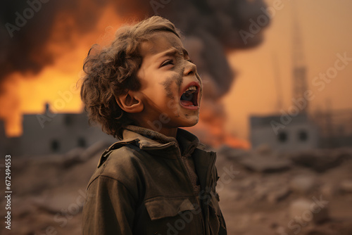 a child crying with dust on the face and clothes, a war background, a distracted city, and fire in the background generative ai concept photo