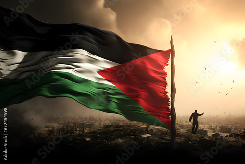 Palestine Flag with war background, war scene, destructed city background generative ai © Fahad