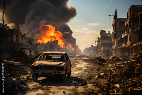 A City scene of smoke and destruction after an airstrike, red smoke, fire, ruined buildings, smoke cloud, destruction, war scene, ruined city and buildings, war image generative ai