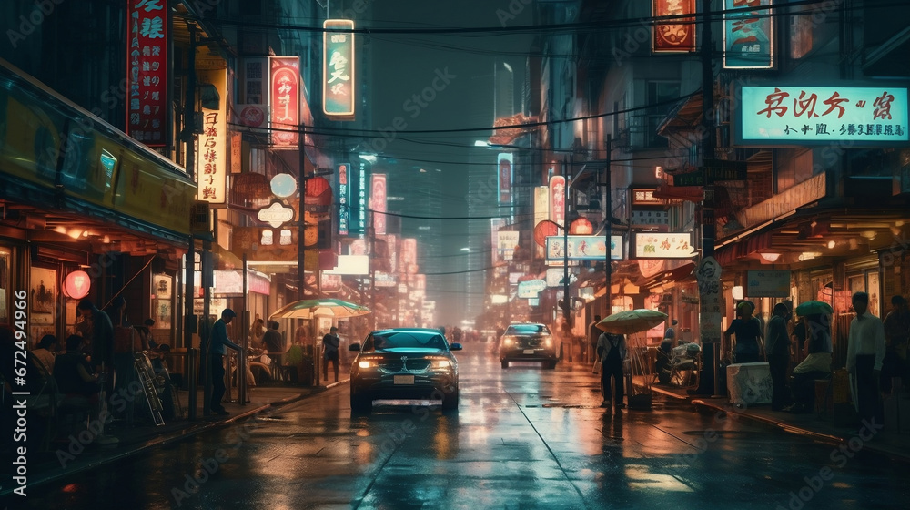 AI-generated illustration of a vibrant urban scene featuring a bustling Asian street at night.
