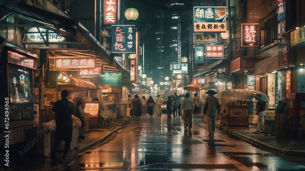 AI-generated illustration of a vibrant urban scene featuring a bustling Asian street at night.