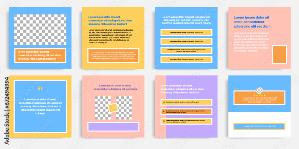 Minimal modern style of social media post banner layout template pack in blue, purple, yellow pastel color combination background with simple text box elements.