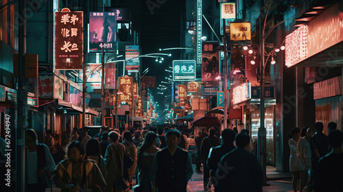 AI-generated illustration of a vibrant urban scene featuring a bustling Asian street at night. © Wirestock