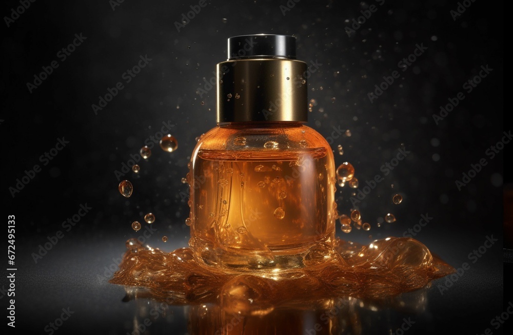 AI-generated illustration of a glass bottle filled with liquid against a dark background. AI-generated illustration of a glass bottle filled with liquid against a dark background.