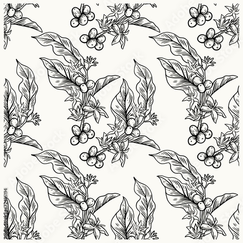 Pattern seamless of coffee tree ink drawing sketch for poster, fabric, cover, label packaging, name card, post card, brochure. Coffee pattern