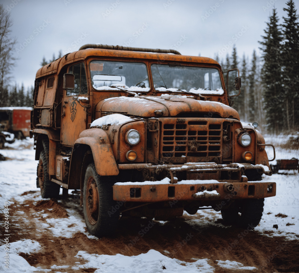 old rusty army truck in the snow