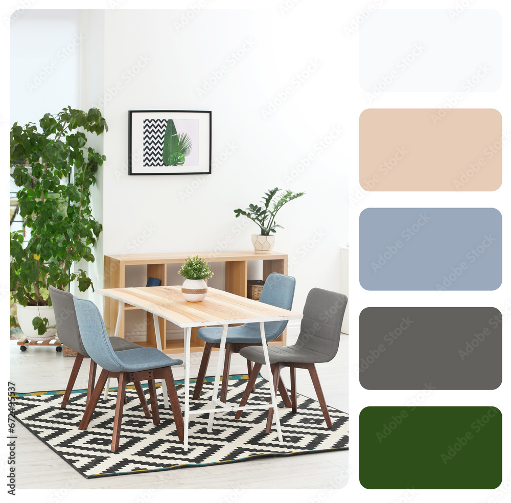 Fototapeta premium Light and cozy dining room with furniture. Color palette matching to this interior design