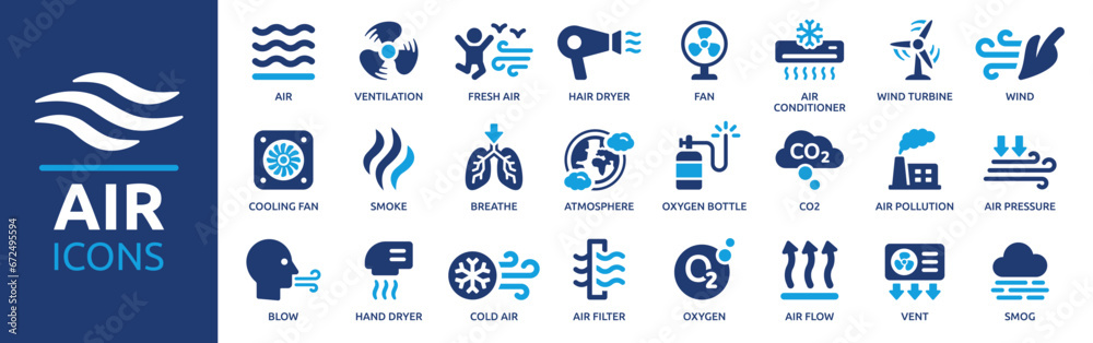 Air icon set. Containing ventilation, air conditioner, fan, wind, blow, oxygen, breathe, CO2, pollution and more. Vector solid icons collection. - obrazy, fototapety, plakaty 
