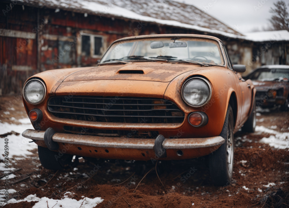 vintage sports car in the snow