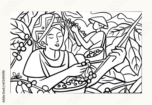 coffee tree of ink drawing sketch for poster, fabric, cover, label packaging, name card, post card, brochure. Coffee pattern