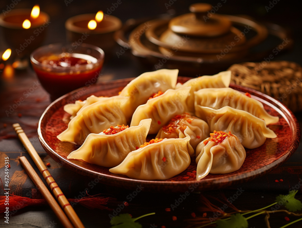 Delicious dumplings, lunar new year celebration, flat lay background copy space concept