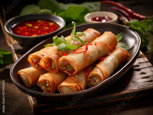 Delicious spring rolls, lunar new year celebration, flat lay background copy space concept