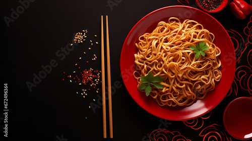 Delicious longevity noodles, lunar new year celebration, flat lay background copy space concept