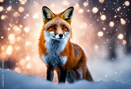 AI generated illustration of a red fox standing on a snow-covered hill