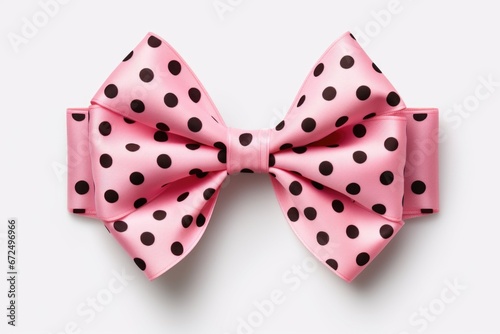 A pink bow with black polka dots on it