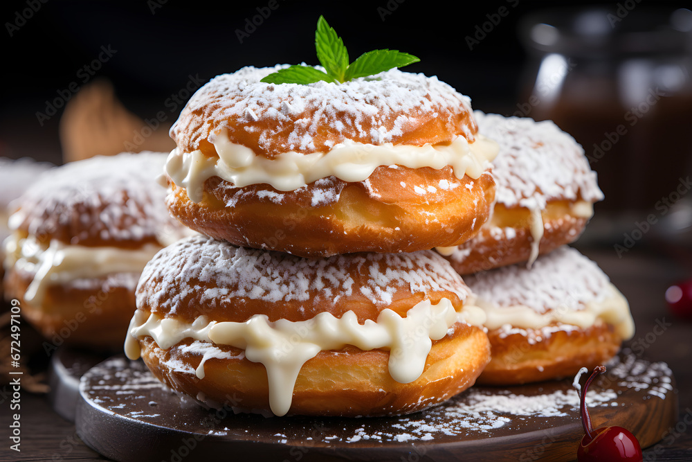 Donuts with cream are the symbol of the Jewish culinary holiday Hanukkah, Donuts with cream are the symbol of the Jewish culinary holiday Hanukkah,
