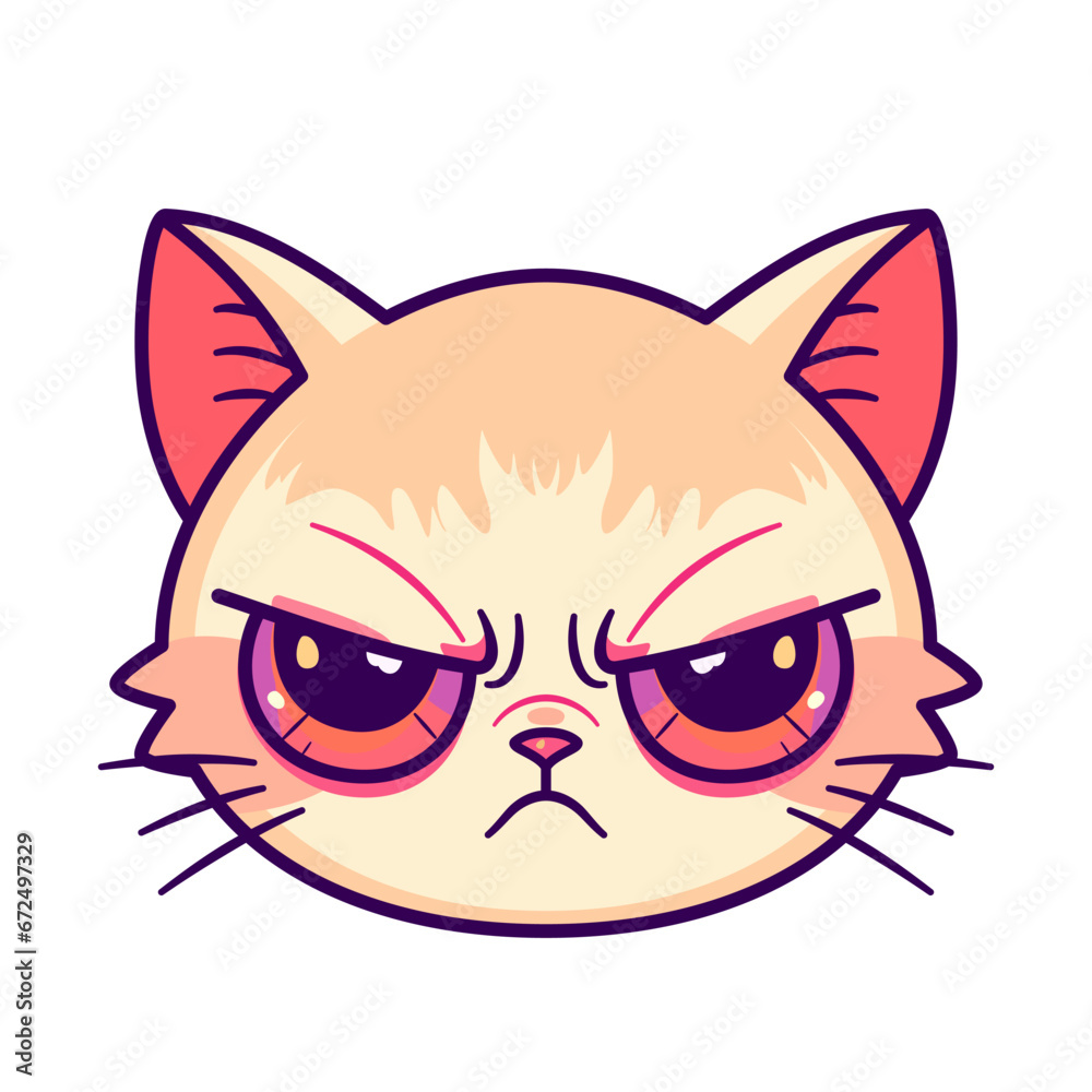 Głowa kota. Zły i niezadowolony kotek w komiksowym stylu. Kolorowa ilustracja wektorowa. - obrazy, fototapety, plakaty 