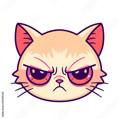 Głowa kota. Zły i niezadowolony kotek w komiksowym stylu. Kolorowa ilustracja wektorowa.