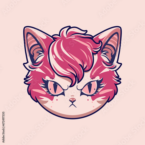 Głowa kota. Zły i niezadowolony kotek w komiksowym stylu. Ilustracja wektorowa.