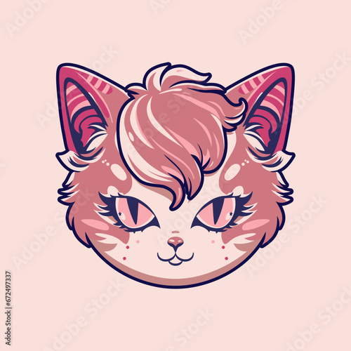 Głowa kota. Zadowolony i usatysfakcjonowany miły kotek w komiksowym stylu. Ilustracja wektorowa.