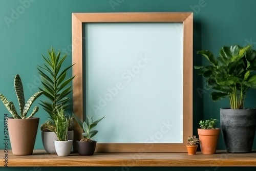 Interior design of living room with brown mock up photo frame on the green shelf with beautiful plants in different hipster and design pots. Elegant personal accessories. Home gardening. generative ai