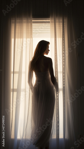 Silhouette of a beautiful young woman in a long white dress standing by the window generativa IA