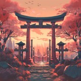 AI generated illustration of a traditional Japanese shrine at sunset