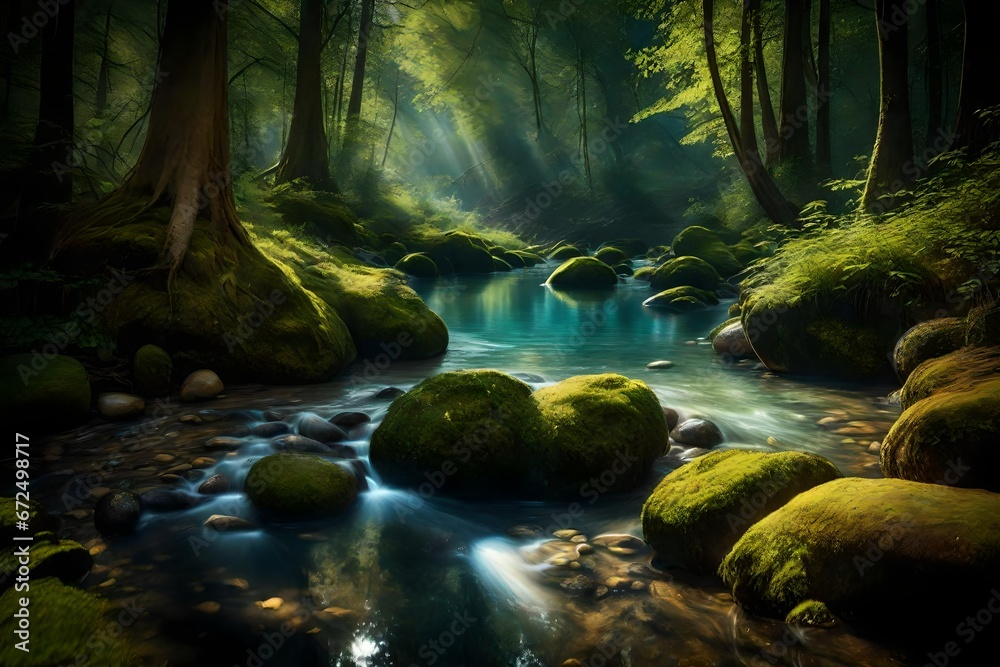 Deep forest stream with crystal clear water in the sunshine