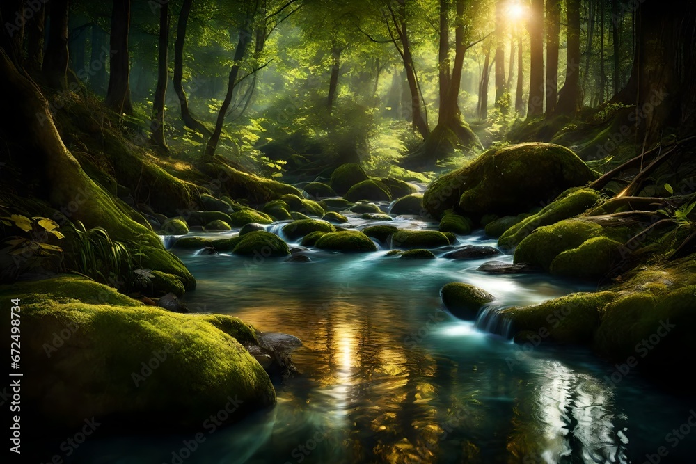 Deep forest stream with crystal clear water in the sunshine