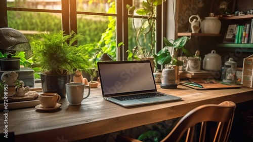 Laptop displayed on a desk decorated with an assortment of lush potted plants, Ai-generated. © Wirestock