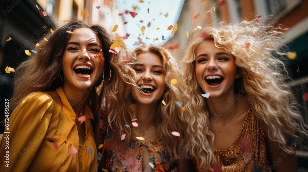 Group Young People Throwing Confetti Air ,Bright Background, Background Hd