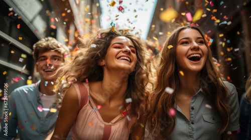 Group Young People Throwing Confetti Air ,Bright Background, Background Hd