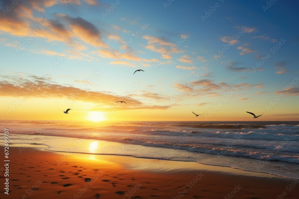AI generated illustration of birds soaring against a golden-orange sunset sky above a sandy beach