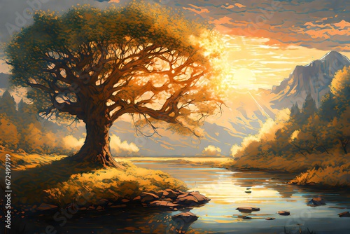 a scene with a tree blocking the sun from a river
