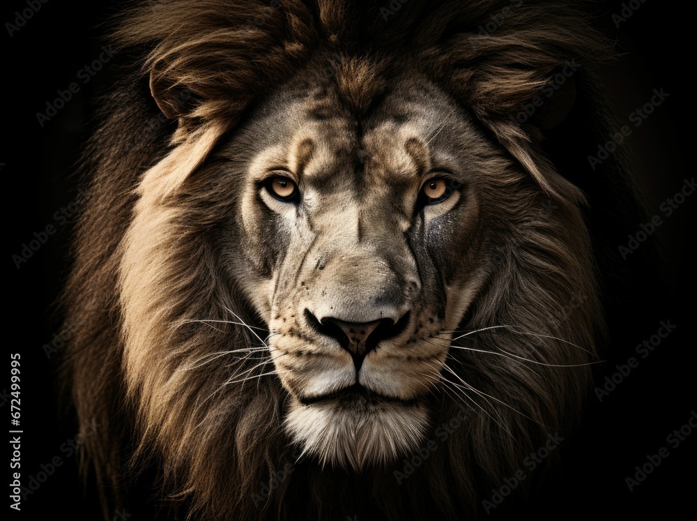 AI generated illustration of a lion portrait on a dark background