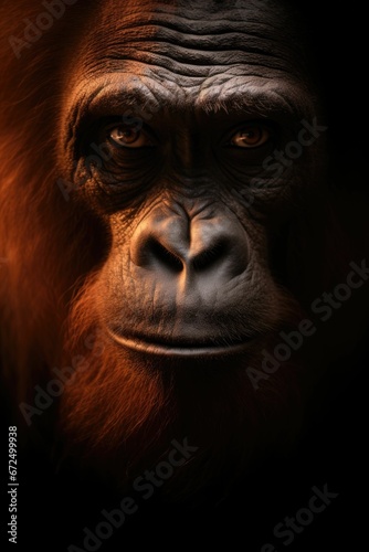AI generated illustration of a gorilla portrait on a dark background © Wirestock