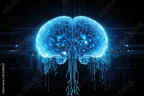 AI generated illustration of a human brain in blue glowing circuits