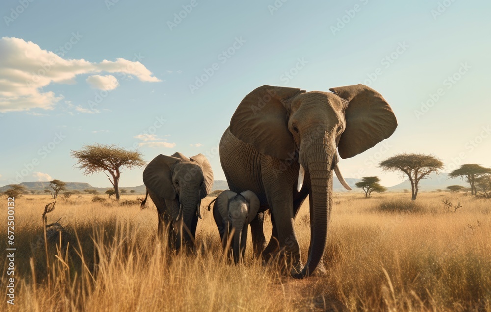 AI generated illustration of a herd of elephants in a savannah