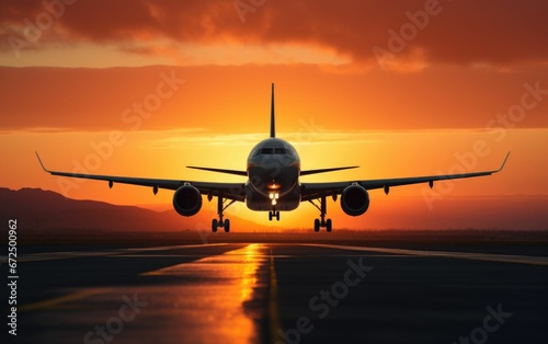 AI generated illustration of a commercial airplane silhouetted against a vibrant sunset sky