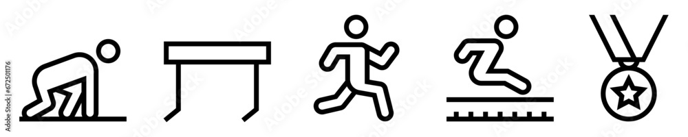 Conjunto de iconos de atletismo. Deporte. Corredor en posición, valla, persona corriendo, salto de longitud, medalla. Ilustración vectorial - obrazy, fototapety, plakaty 