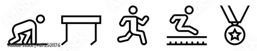 Conjunto de iconos de atletismo. Deporte. Corredor en posición, valla, persona corriendo, salto de longitud, medalla. Ilustración vectorial photo